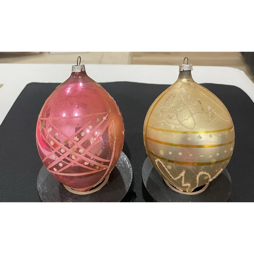 Vintage Marked Germany on Original Caps Mercury Glass 5” Ornaments Pink & Gold